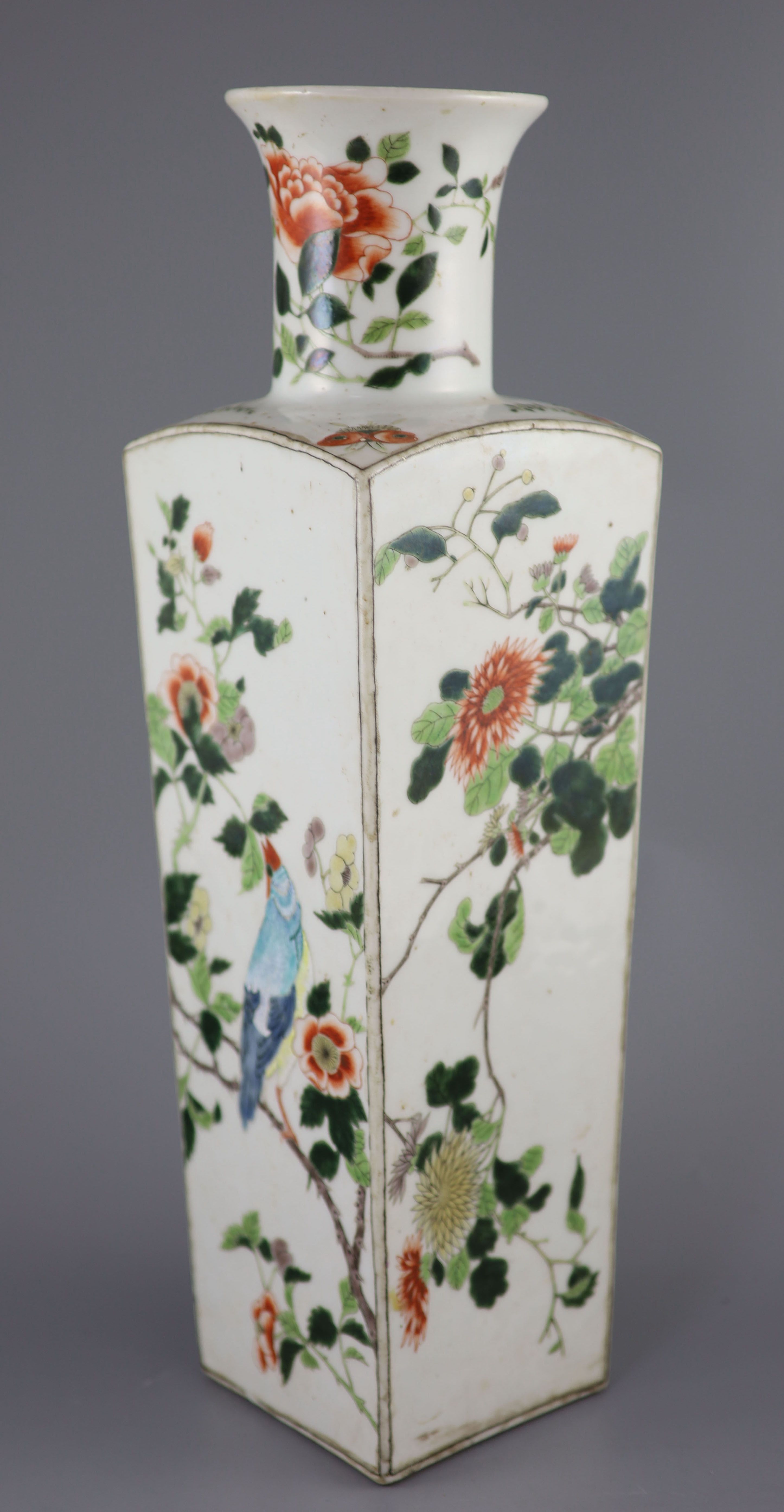 A large Chinese famille verte square tapered vase, 19th century, 49cm high